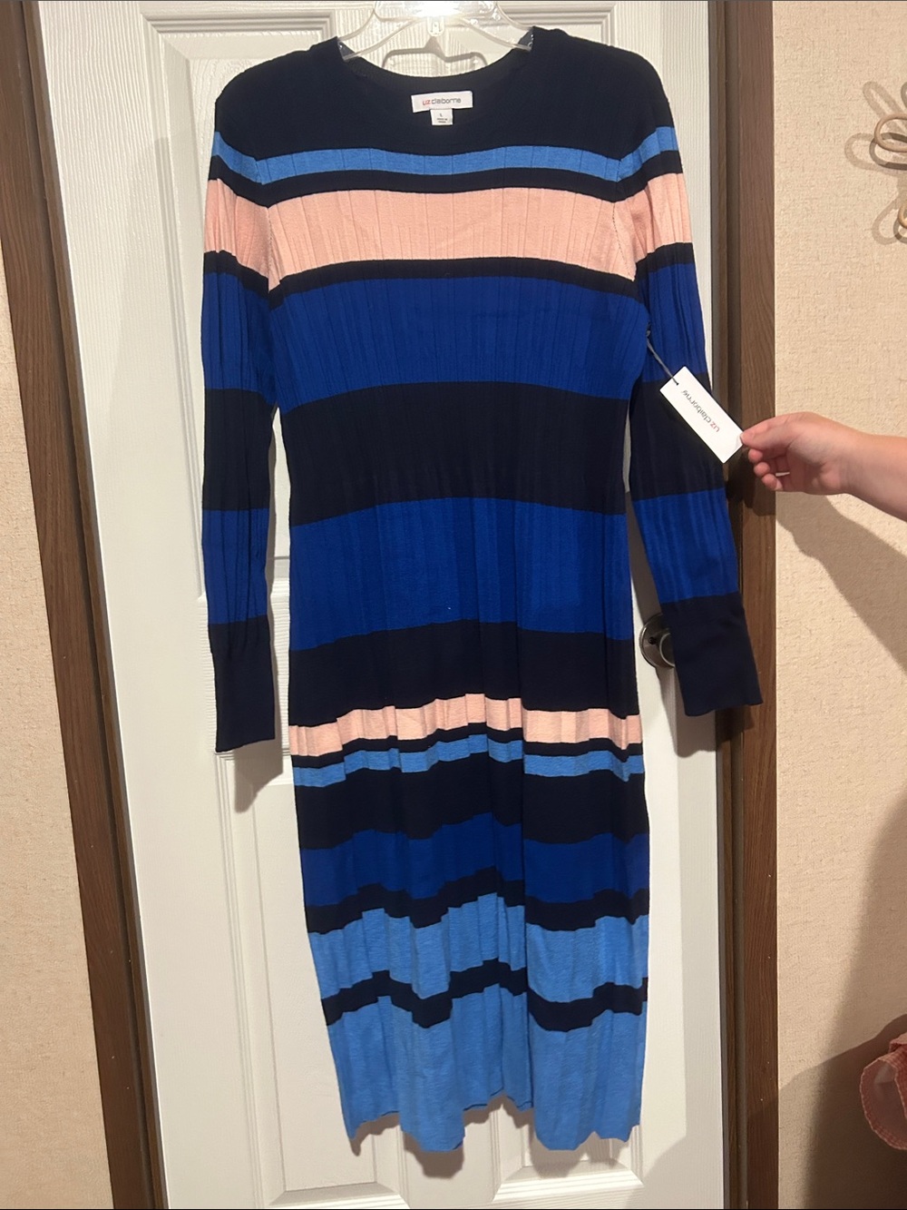 Liz Claiborne Navy Blue, Royal & Peach Striped Knit Dress new